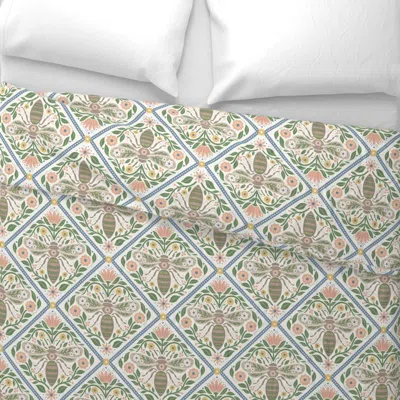 Spoonflower Bees And Blossoms Medium - Pink And Green Euro Pillow Sham
