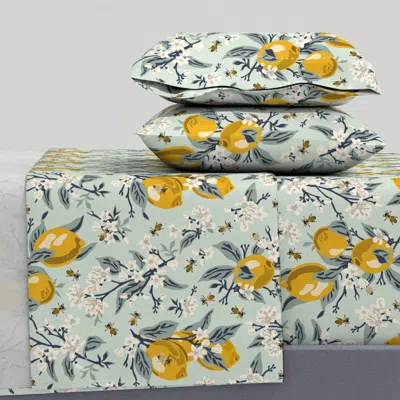 Spoonflower Bees & Lemons - Mint - Medium King Sheet Set