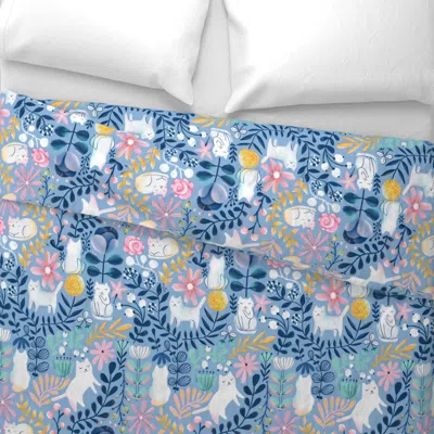 Spoonflower Big. Spring White Cats. Summer Kitties Pattern. Flowers And Leaves King Pillow Sham In Blue