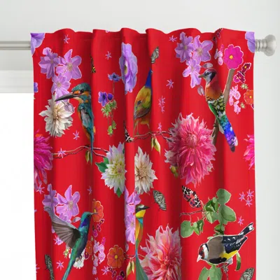 Spoonflower Birds And Dahlias On Red Curtain Panel