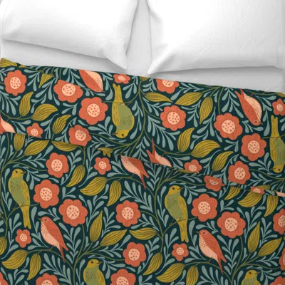 Spoonflower Birds And Flowers On Dark Blue Large Wide Cotton Sateen 3.5 oz 26" X 20" Standard Knife Edge