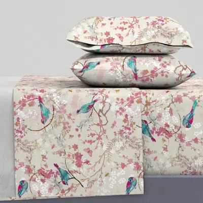 Spoonflower Birds + Bees (rose) (med) Queen Sheet Set