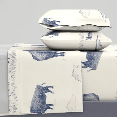 Spoonflower Bison Toile Blue Queen Sheet Set
