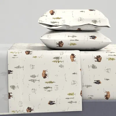 Spoonflower Bison Toile De Jouy Watercolor Hand . Bison / American Buffalo In Brown Queen Sheet Set