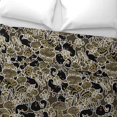 Spoonflower Black Cats Mushroom Forest Pattern Black Gold Wide Cotton Sateen 3.5 oz 26" X 20" Standard Knife Edg