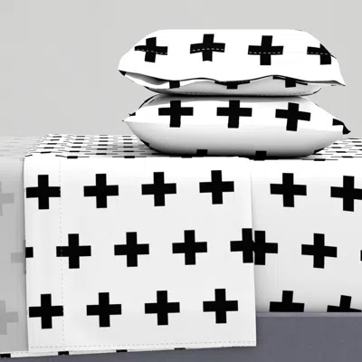Spoonflower Black Crosses On White - Black Plus Sign Queen Sheet Set