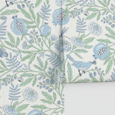 Spoonflower Block Print Wren In Pomegranate Grove Flowers Dragonfly Linen Textured Lg Performance In Blue