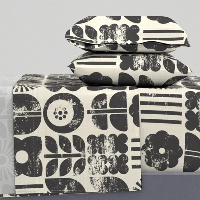 Spoonflower Block-printed Geo Flowers - Black Ink - Large Cal King Sheet Set
