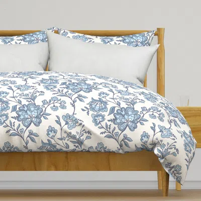 Spoonflower Blue And Cream Floral Linen Duvet Cover