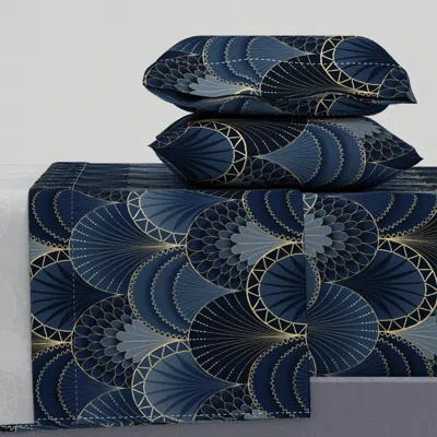 Spoonflower Blue And Gold Art Deco Scallop King Sheet Set