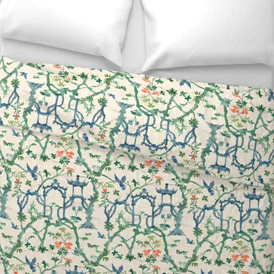 Spoonflower Blue And Green Chinoiserie Silhouettes Wide Cotton Sateen 3.5 oz 26" X 20" Standard Knife Edge