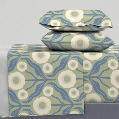Spoonflower Blue & Green Scandi Floral Block Print - Oversized Flowers (jumbo) King Sheet Set