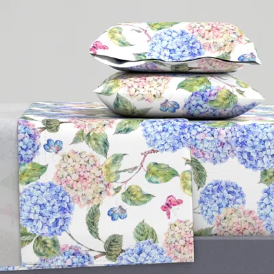 Spoonflower Blue And White Hydrangea Watercolor Botanica Queen Sheet Set