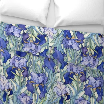 Spoonflower Blue Art Nouveau Iris Large Scale Wide Cotton Sateen 3.5 oz 26" X 20" Standard Knife Edge In Multi