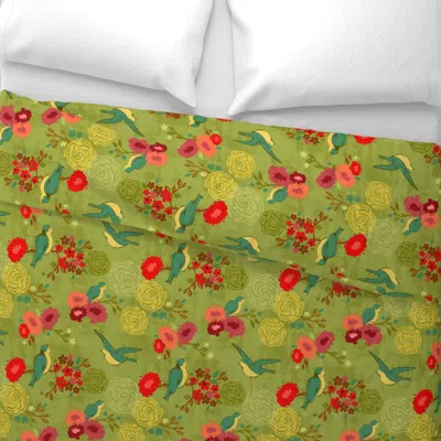 Spoonflower Blue Birds & Blush Blooms - Chartreuse - Jumbo Wide Cotton Sateen 3.5 oz 26" X 20" Standard Knife Ed