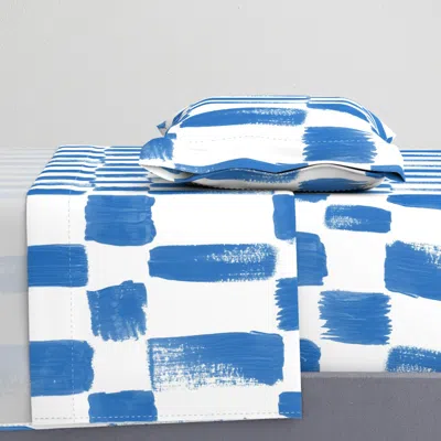 Spoonflower Blue Brushstroke Checker Large - Bathroom Walls - Coastal Painterly Grid Twin Xl Sheet S