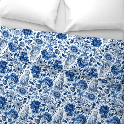 Spoonflower Blue Chinoiserie Cat And Floral Pattern Wide Cotton Sateen 3.5 oz 26" X 20" Standard Knife Edge