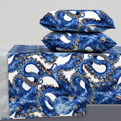 Spoonflower Blue Gold Octopus Watercolor Ocean Sea Print King Sheet Set