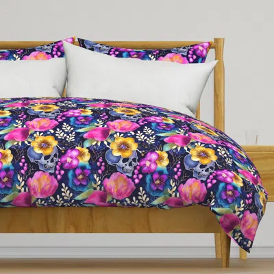 Spoonflower Blue Gothic Skulls And Flowers Duvet Cover