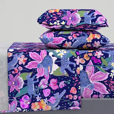 Spoonflower Blue Leopards In An Orchid Garden Dk Queen Sheet Set