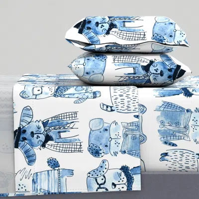 Spoonflower Blue Monochrome Canine Cutie Dog Sketches Large King Sheet Set