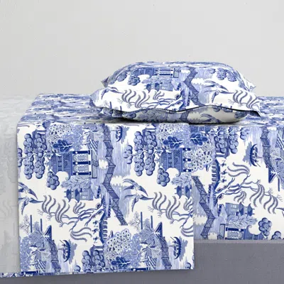 Spoonflower Blue Willow Twin Sheet Set
