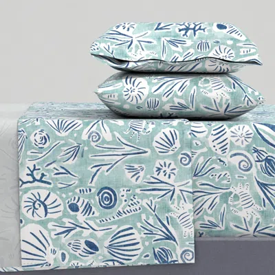 Spoonflower Boho Beach Hand Drawn Sea Life Coastal Vibe Beach House Decor Light Blue King Sheet Set
