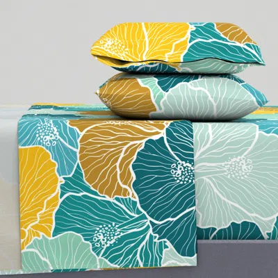 Spoonflower Bold Floral Hibiscus Flowers Overlap- Aqua Blue Green Mint Yellow - X Large Queen Sheet