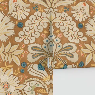 Spoonflower Botanic Damask Cream Rust Turquoise Performance In Brown