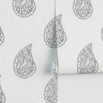 Spoonflower Botanical Paisley - Block Print Bunny In Flowers - Black And Warm White Performance In Silver