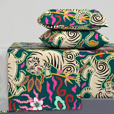 Spoonflower Bright Flaming Spring Tigers - Asian Beasts On Dark Teal - Jumbo Cal King Sheet Set