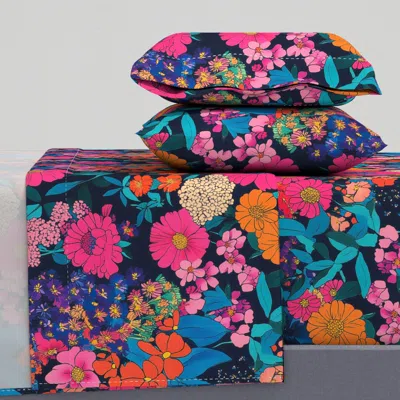 Spoonflower Bright Retro Flowers On Navy Full Sheet Set