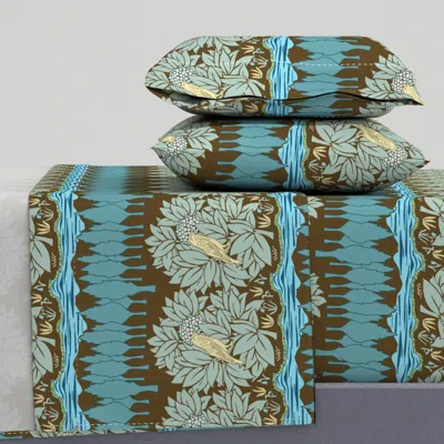 Spoonflower British Arts And Crafts Charles Vosey Bird In Bushes Trees River On Brown Queen Sheet Se