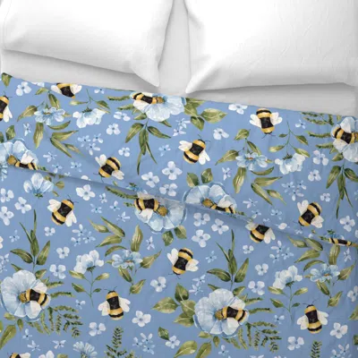 Spoonflower Bumblebee Floral On Periwinkle Blue 24 Inch Wide Cotton Sateen 3.5 oz 26" X 20" Standard Knife Edge