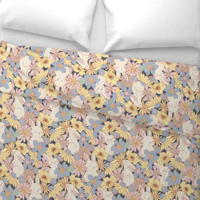 Spoonflower Bunnies Hiding In A Flower Field Dark Background Wide Cotton Sateen 3.5 oz 26" X 20" Standard Knife 
