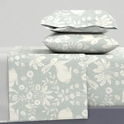 Spoonflower Bunny Botanica - Large - Blue - Linen Texture - Timeless Nursery Wallpaper King Sheet Se