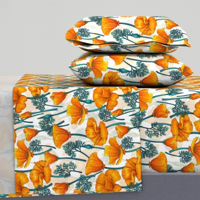 Spoonflower California Poppies Blue Leaves On White Queen Sheet Set