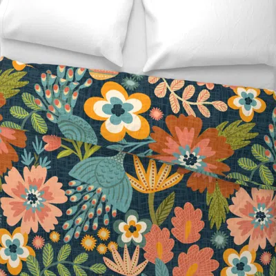 Spoonflower Calliope Boho Wallpaper With Peacocks - Indigo Wide Cotton Sateen 3.5 oz 26" X 20" Standard Knife Ed