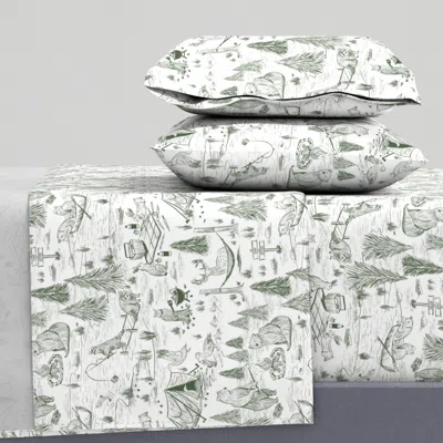 Spoonflower Camping Forest Animal Toile In Dark Green And White - Kids Woodland Room Queen Sheet Set