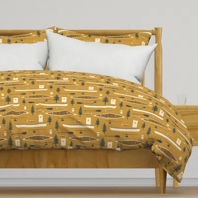 Spoonflower Canoes And Oars Mustard Yellow Duvet Cover In Brown