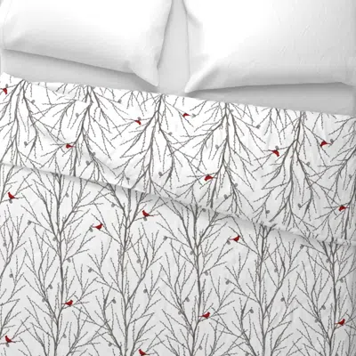 Spoonflower Cardinals In Winter- Gray On White Wide Cotton Sateen 3.5 oz 26" X 20" Standard Knife Edge