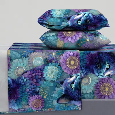 Spoonflower Cats & Boho Purple Flowers Cal King Sheet Set
