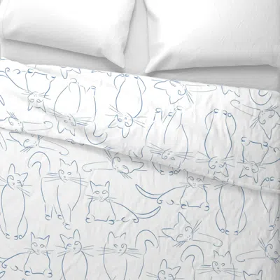 Spoonflower Cats - Romeo Cat - Charming Hand-drawn Denim Blue Cat Outline On White King Pillow Sham