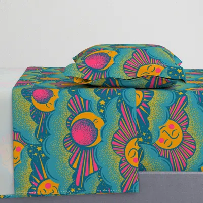 Spoonflower Celestial Clouds - Extra Large - Blue Hot Pink And Gold Twin Sheet Set