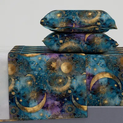 Spoonflower Celestial Sun Moon And Stars Navy Teal Purple Gold Cosmic Galaxy Pattern Queen Sheet Set