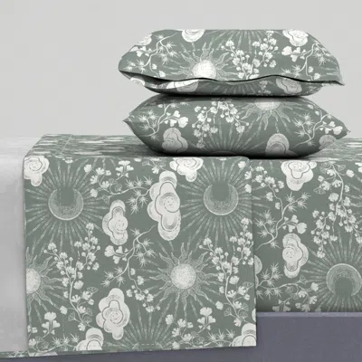 Spoonflower Celestial Sun Moon Clouds Vintage Toile De Jouy Botanical Cosmos Green Queen Sheet Set