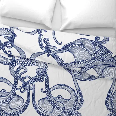 Spoonflower Cephalopod - Giant Octopi Navy & White Wide Cotton Sateen 3.5 oz 26" X 20" Standard Knife Edge