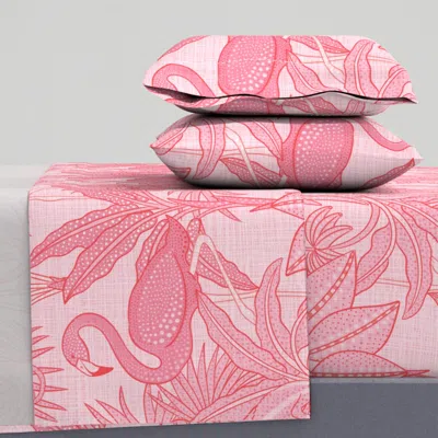 Spoonflower Chameleons & Flamingos Play Hide-and-seek - Pink - Linen Texure - 24 Queen Sheet Set