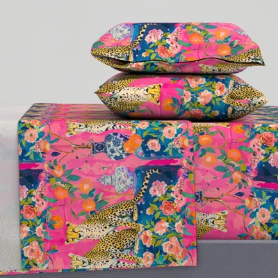 Spoonflower Chinoiserie Cheetahs And Ginger Jars On Pink Queen Sheet Set