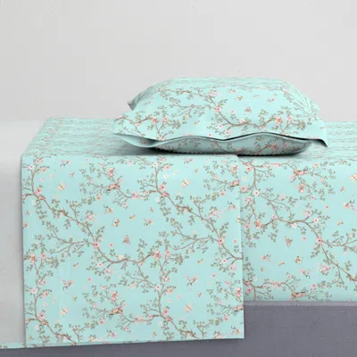 Spoonflower Chinoiserie Hummingbird Garden With Pink Roses Butterfly Branches And Bows Twin Sheet Se